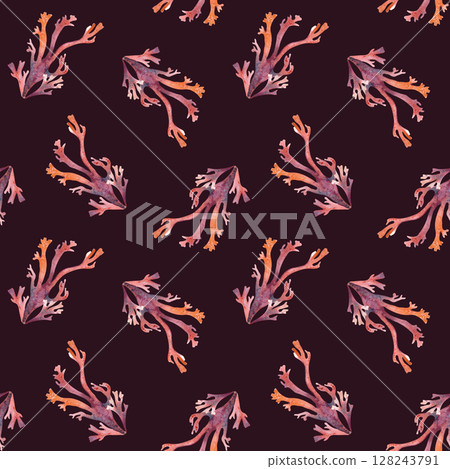 Coral wavy underwater plants on minimalist ocean seamless pattern watercolor isolated on dark. Bright sea botanical repeated texture for tropical textiles, coastal design, and marine backgrounds. Coral wavy underwater plants on minimalist ocean seamless pattern watercolor isolated on dark. Bright sea botanical repeated texture for tropical textiles, coastal design, and marine backgrounds. 128243791