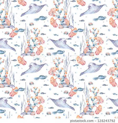 Ocean creatures in tropical marine world seamless pattern watercolor isolated. Bright seaweeds, fishes, and kelp painted orange and blue tones. Design for summer stationery, swimwear prints, fabric. 128243792