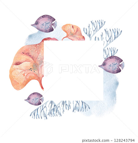 Fish clown, vibrant seaweeds, colorful coral plants watercolor marine frame isolated. Hand painted underwater scene in bright tropical hues for nautical stationery, beach events, and summer decor. 128243794