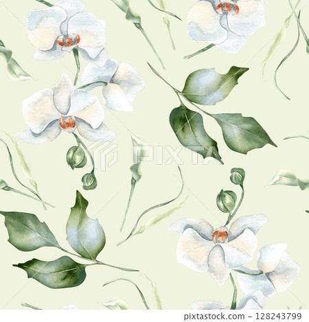 Delicate white flowers watercolor seamless pattern isolated. White orchids and foliage, holly branches hand drawn. Neutral botanical repeated background for bridal decor, organic branding and textile. Delicate white flowers watercolor seamless pattern isolated. White orchids and foliage, holly branches hand drawn. Neutral botanical repeated background for bridal decor, organic branding and textile. 128243799