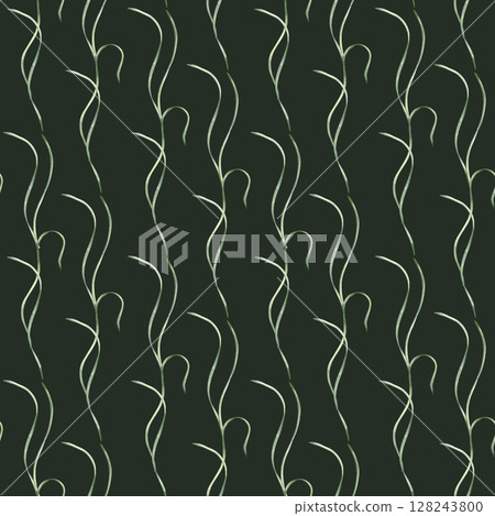 Elegant wavy greenery seamless background isolated on dark. Watercolor hand painted vines and leaves minimalist botanical repeat pattern for wallpaper, wrapping paper, and fabric design. 128243800