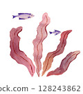 Watercolor sketch of shadow of pink fantasy branches of seaweed and small purple fish  128243862