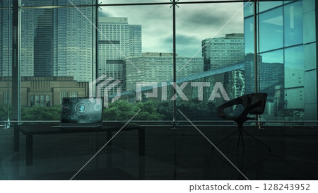 Visualization of data security on a laptop against a modern office backdrop 128243952