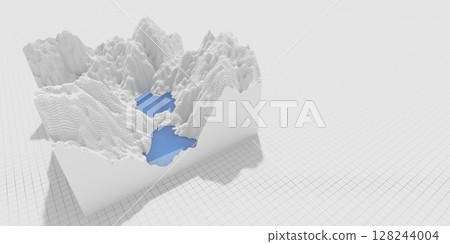 Technological landscape of the future .Mountain model 3D.Grid technology illustration . Technological landscape of the future .Mountain model 3D.Grid technology illustration . 128244004
