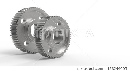 Metal gears on a white background.Engineering technical concept.Rotating mechanism of round parts .3d illustration. 128244005