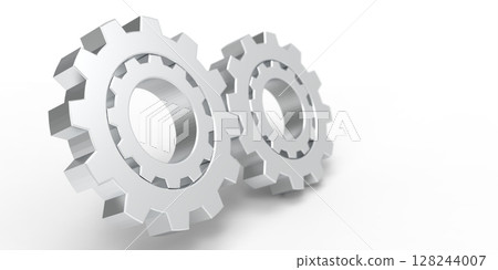 Metal gears on a white background.Engineering technical concept.Rotating mechanism of round parts .3d illustration. Metal gears on a white background.Engineering technical concept.Rotating mechanism of round parts .3d illustration. 128244007