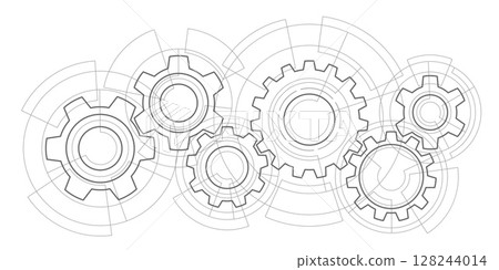Technical drawing of gears .Engineering technology. Vector illustration. 128244014