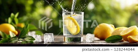 Refreshing glass of sparkling water with lemon slice splashing, surrounded by fresh lemons and ice cubes, capturing a vibrant summer beverage moment 128244044