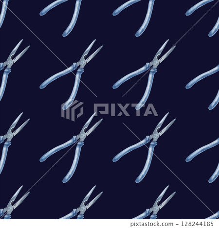 Seamless pattern with pliers on a dark background. Watercolor illustration with working tools. Seamless background for wallpaper, wrapping paper, packaging, scrapbooking. Seamless pattern with pliers on a dark background. Watercolor illustration with working tools. Seamless background for wallpaper, wrapping paper, packaging, scrapbooking. 128244185