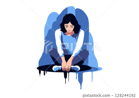Woman with mental health problems. Sad woman in despair. Depression signs and symptom. Stress and loneliness. Vector illustration. 128244192