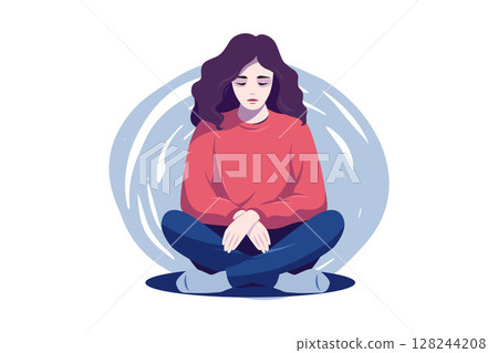 Tired woman sitting and thinking over problems. Concept emotional burnout or mental disorder. Vector flat Tired woman sitting and thinking over problems. Concept emotional burnout or mental disorder. Vector flat 128244208