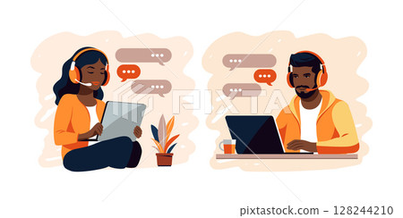 Black skin people sitting with laptop. Concept remote working, studying, education, work from home. Flat. Vector illustration 128244210