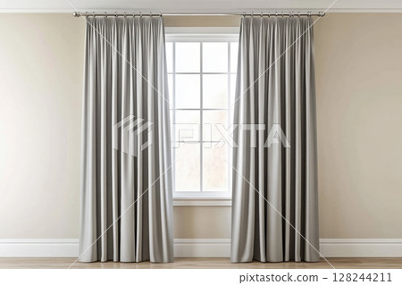 Bright modern interior with large window framed by elegant gray curtains. Natural light flows into the minimalist room with beige walls and wooden flooring, ideal for home decor or curtain showcase 128244211