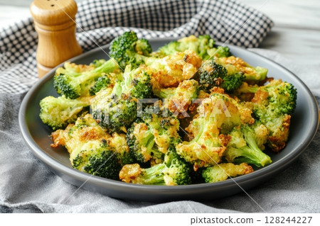 Freshly cooked fried broccoli in a golden crispy breading. The dish was served on a stylish ceramic plate and lay on a cloth napkin in cages. Suitable for food blogs, restaurant menus. Healthy eating 128244227