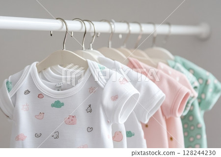 Wooden rack with children's clothes hung. Set of children bodysuits pastel colored. Clothing Rack with kid's outfit on hangers. Kids wardrobe. Baby garment. Dressing. New baby apparel in a boutique Wooden rack with children's clothes hung. Set of children bodysuits pastel colored. Clothing Rack with kid's outfit on hangers. Kids wardrobe. Baby garment. Dressing. New baby apparel in a boutique 128244230
