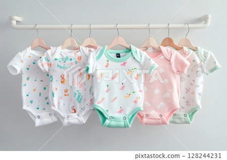 Wooden rack with children's clothes hung. Set of children bodysuits pastel colored. Clothing Rack with kid's outfit on hangers. Kids wardrobe. Baby garment. Dressing. New baby apparel in a boutique 128244231
