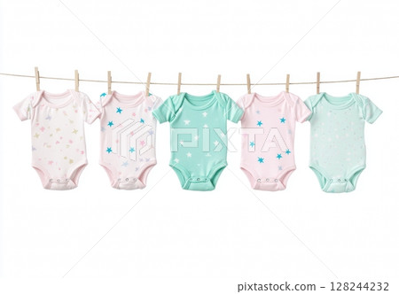 Clothing rack with children's clothes hung isolated on white background. Set of children bodysuits pastel colored. Kid's outfit on hangers. Kids wardrobe. Baby garment. Dressing. New baby apparel 128244232