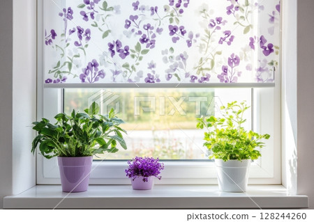 Bright kitchen window with floral roller blind and three potted plants on the sill. Natural light, vibrant green leaves, and purple blooms create a cozy, fresh spring atmosphere. Copy space. Banner 128244260