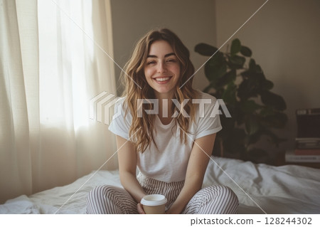 Smiling young woman sitting on a bed in a cozy... - Stock Illustration ...