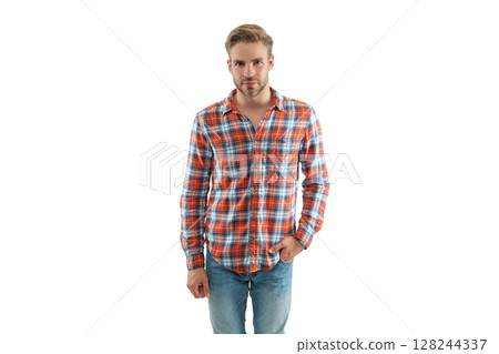 Male casual style. Caucasian casual guy. Handsome guy model. Male model. Man in checkered shirt isolated on white. Stylish man portrait with hairstyle. Trendy fashion style. Modern sophistication Male casual style. Caucasian casual guy. Handsome guy model. Male model. Man in checkered shirt isolated on white. Stylish man portrait with hairstyle. Trendy fashion style. Modern sophistication 128244337