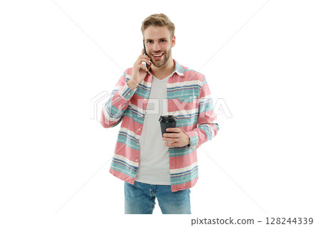Communication. Man speak on smartphone isolated on white. Millennial man has phone conversation. Voice mail. Man talk on smartphone with coffee. Phone call. Mobile communication Communication. Man speak on smartphone isolated on white. Millennial man has phone conversation. Voice mail. Man talk on smartphone with coffee. Phone call. Mobile communication 128244339