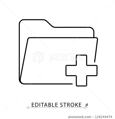 A medical folder icon in minimalist style with editable stroke. Health record, patient file, clinical archive, hospital document, diagnosis storage, medical data, outline drawing, vector illustration. A medical folder icon in minimalist style with editable stroke. Health record, patient file, clinical archive, hospital document, diagnosis storage, medical data, outline drawing, vector illustration. 128244474