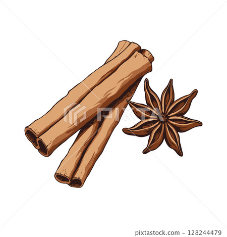 Hand-drawn cinnamon sticks and star anise illustration in rustic style on white background, representing aromatic spices and culinary flavor 128244479