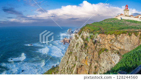 Stunning Cabo de Roca Lighthouse Overlooking Atlantic Ocean Cliffs. 128244560