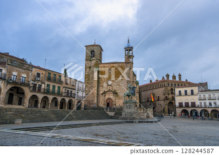 Trujillo Spain Plaza Mayor Pizarro Statue and San Martin Church. 128244587