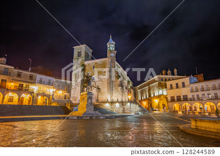 Trujillo Spain Plaza Mayor Night View Pizarro Statue Church Lights. 128244589
