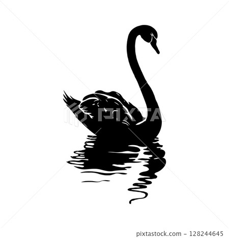 Silhouette of a black swan gliding on water, its reflection visible. Simple black and white style on a white background. Concept of elegance and gracefulness 128244645