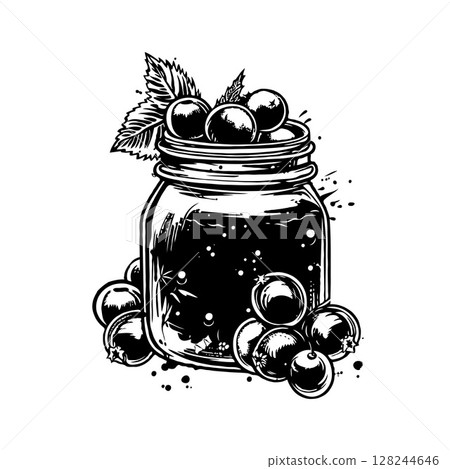 Black and white hand-drawn cranberry sauce with leaves, surrounded by scattered berries on a white background, concept of organic food 128244646