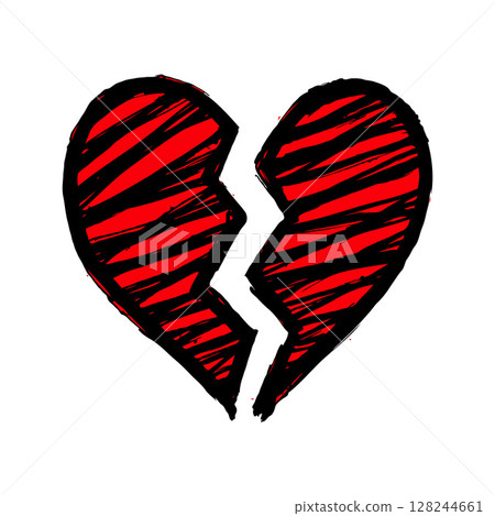 Broken red heart illustration with black sketch lines on white background concept of heartbreak. 128244661