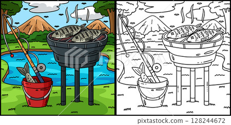BBQ and Grilling Fish Coloring Page Illustration  128244672