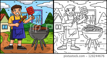 BBQ and Boy Grilling Skewers Coloring Illustration 128244676