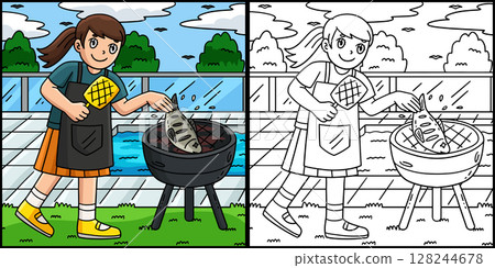 BBQ and Grilling Girl Putting Food Illustration  128244678
