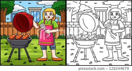 BBQ and Girl Grilling Chicken Illustration  128244679