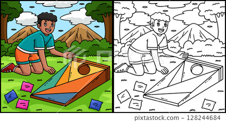 Cornhole Boy Setting Up Board Colored Illustration 128244684