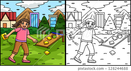 Cornhole Girl Ready to Shoot the Bag Illustration  128244688