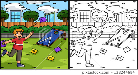 Cornhole Boy Tossing Bags Coloring Illustration  128244694