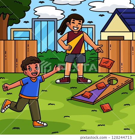 Cornhole Children Playing Colored Cartoon  128244713