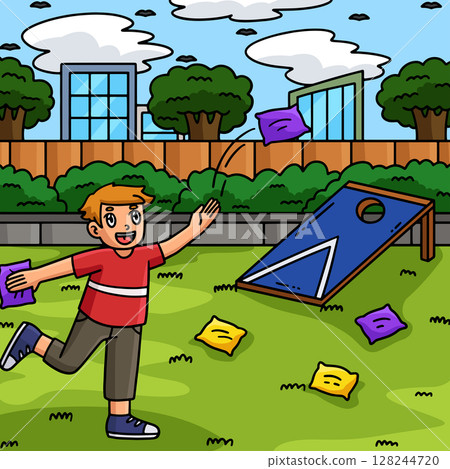 Cornhole Boy Tossing Bags Colored Cartoon  128244720