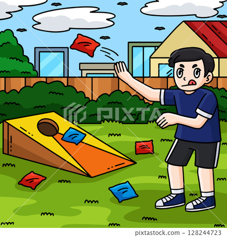 Cornhole Boy Practicing Colored Cartoon Cornhole Boy Practicing Colored Cartoon 128244723