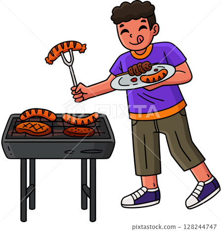 BBQ and Grilling Boy Putting Food on Plate Clipart 128244747