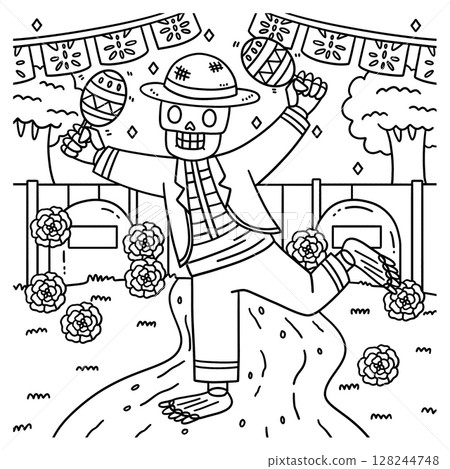 Dia de los Muertos Skeleton with Maracas Coloring  128244748