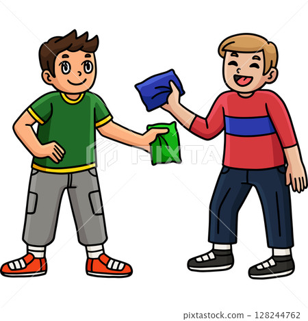 Cornhole Boys Holding Bag Cartoon Colored Clipart  128244762