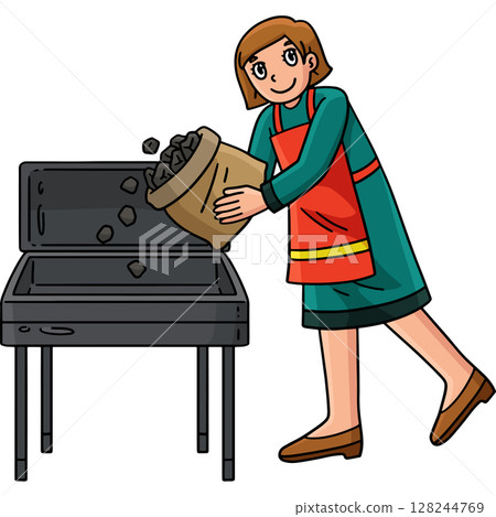 BBQ and Grilling Mom Pouring Coal BBQ Pit Clipart  128244769