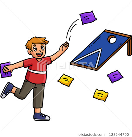 Cornhole Boy Tossing Bags Cartoon Colored Clipart  128244790