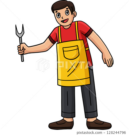 BBQ and Grilling Dad Holding Fork Cartoon Clipart  128244796