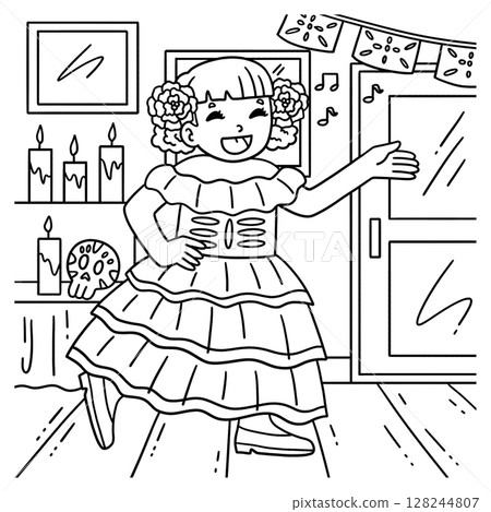 Dia de los Muertos Girl Singing Coloring Page Dia de los Muertos Girl Singing Coloring Page 128244807